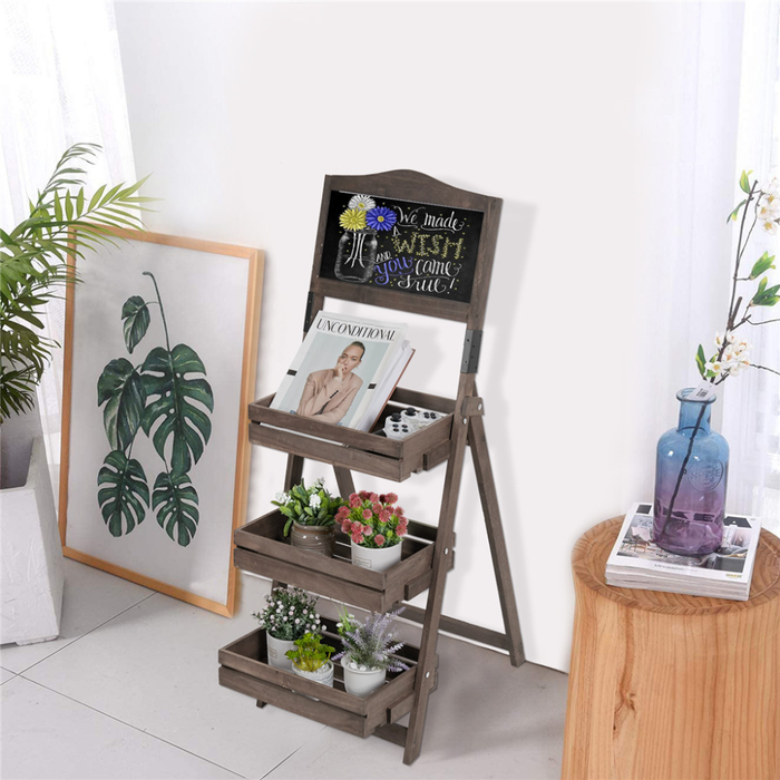 Vibe Geeks Folding Ladder 3 Tier Plant Stand Garden Flower Pot Holder Shelf With Chalkboard