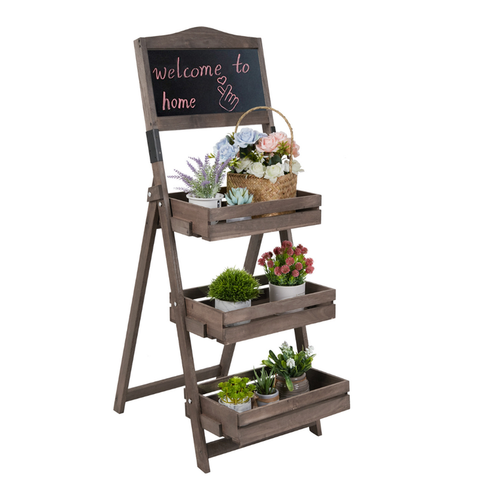 Vibe Geeks Folding Ladder 3 Tier Plant Stand Garden Flower Pot Holder Shelf With Chalkboard