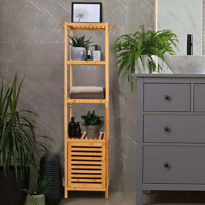 Vibe Geeks Tall Slim Bamboo Bathroom Storage Cabinet With 3-Tier Shelves