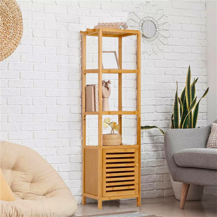 Vibe Geeks Tall Slim Bamboo Bathroom Storage Cabinet With 3-Tier Shelves