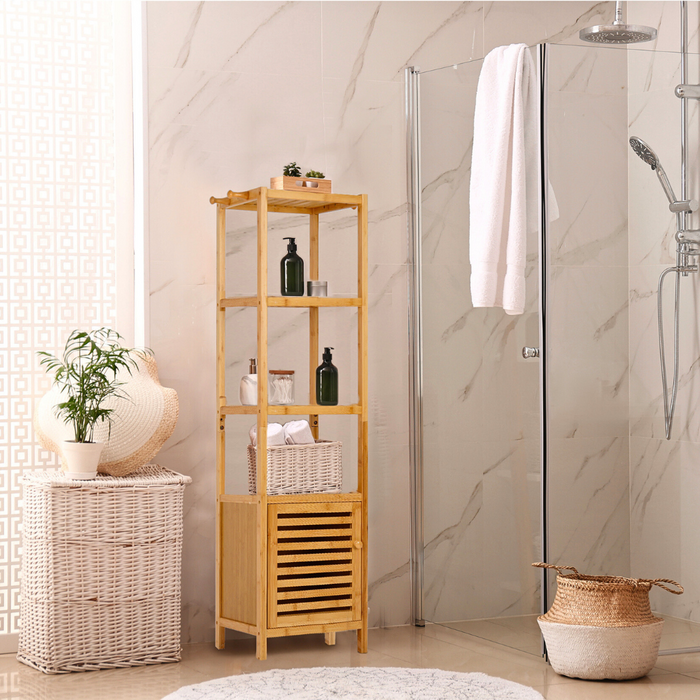 Vibe Geeks Tall Slim Bamboo Bathroom Storage Cabinet With 3-Tier Shelves