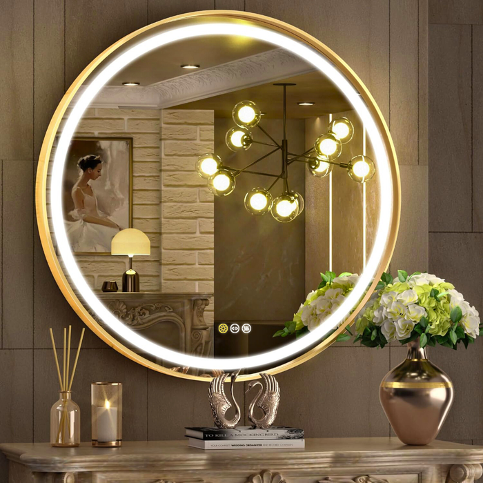 Vibe Geeks Round Led Dimmable Aluminum Fram Hd Glass Wall Mounted Illuminated Vanity Mirror