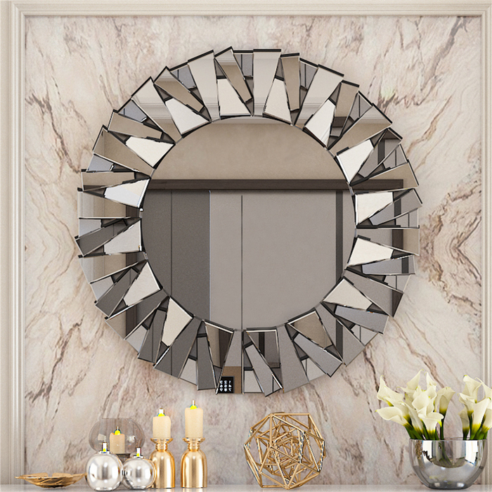 Vibe Geeks Unique Sunburst Decorative Wall Mounted Beveled Glass Accent Mirror - Round 80Cm Silver