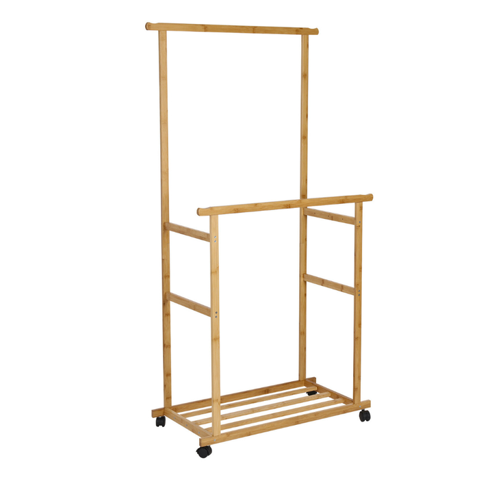 Vibe Geeks Free Standing Bamboo Double Hanging Clothes Organizer On Wheels