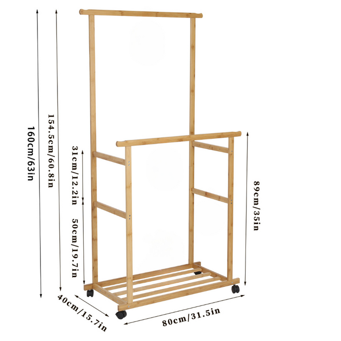 Vibe Geeks Free Standing Bamboo Double Hanging Clothes Organizer On Wheels