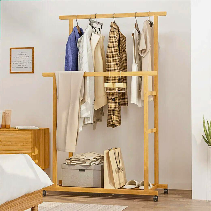 Vibe Geeks Free Standing Bamboo Double Hanging Clothes Organizer On Wheels