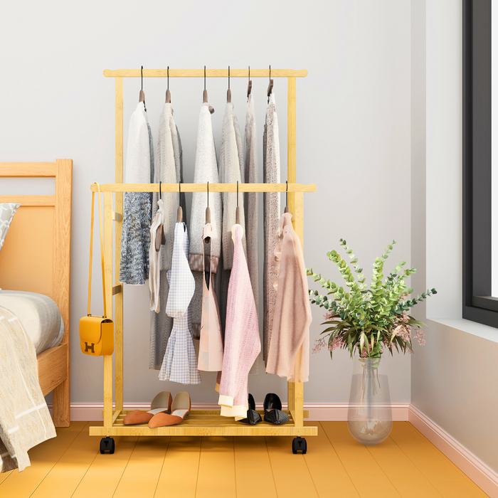 Vibe Geeks Free Standing Bamboo Double Hanging Clothes Organizer On Wheels