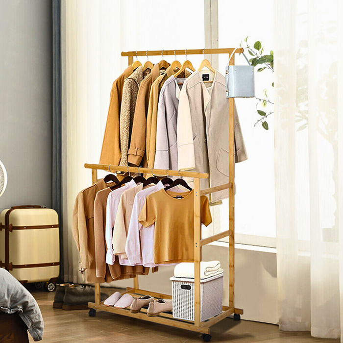 Vibe Geeks Free Standing Bamboo Double Hanging Clothes Organizer On Wheels