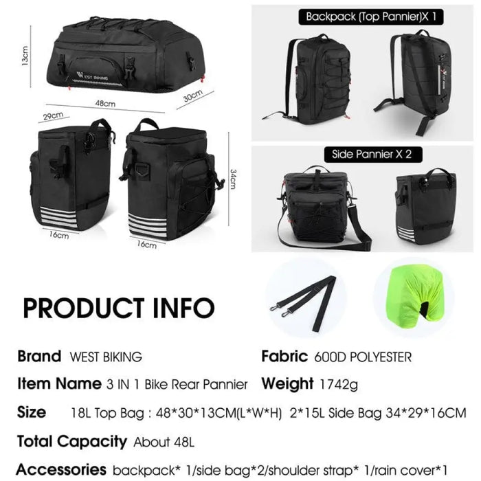 3 In 1 48l Large Capacity Bicycle Bag With Rain Cover