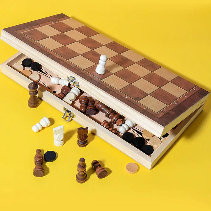 3-in-1 Large Folding Wooden Chessboard Checkers Gaming Set