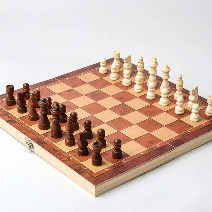 3-in-1 Large Folding Wooden Chessboard Checkers Gaming Set