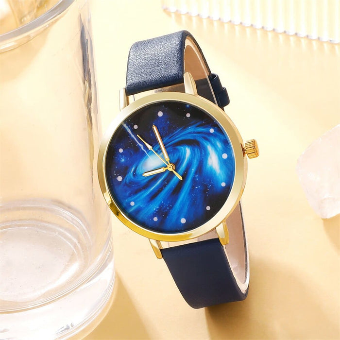 5Pcs Set Women Starry Sky Dial Watch Brand Design Female Clock Blue Leather Band Ladies Watches Simple Casual Womens Wristwatch