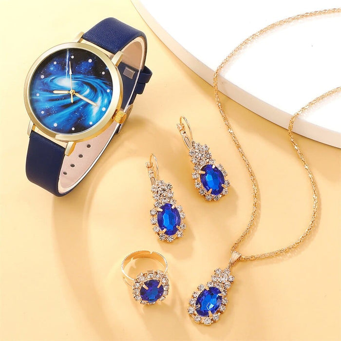 5Pcs Set Women Starry Sky Dial Watch Brand Design Female Clock Blue Leather Band Ladies Watches Simple Casual Womens Wristwatch