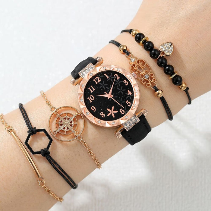 6pcs Black Flower Quartz Watch Dainty Bracelet For Women