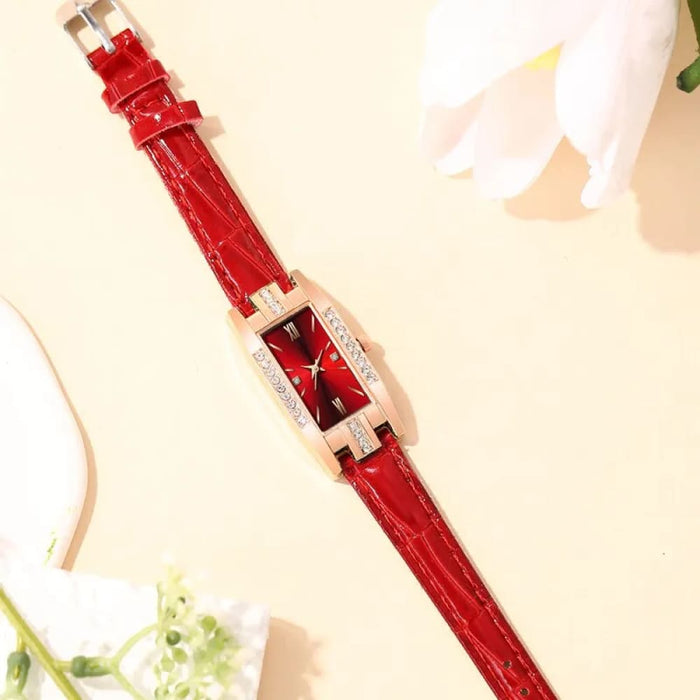 6Pcs Set Fashion Women Rectangle Watches Ladies Dress Red Leather Quartz Watch Womens Necklace Earrings Bracelet Wrist Watch