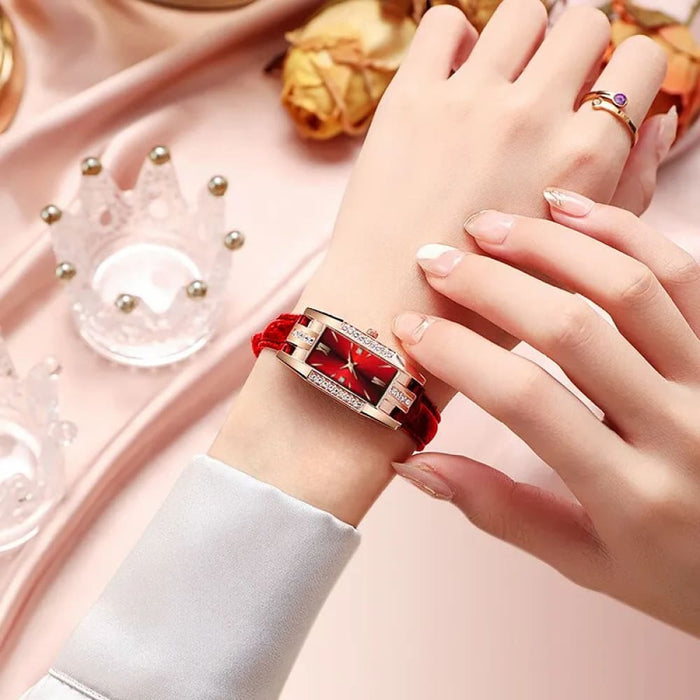 6Pcs Set Fashion Women Rectangle Watches Ladies Dress Red Leather Quartz Watch Womens Necklace Earrings Bracelet Wrist Watch