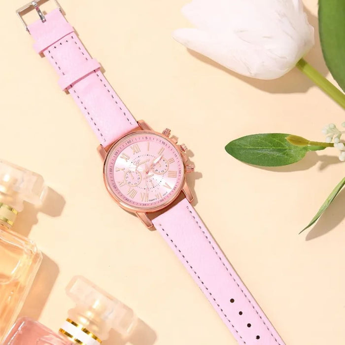 6Pcs Set Fashion Women Watches Simple Ladies Business Pink Leather Quartz Watch Womens Necklace Earrings Bracelet Wristwatch