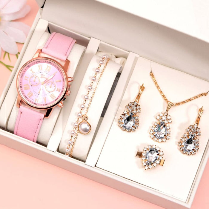 6Pcs Set Fashion Women Watches Simple Ladies Business Pink Leather Quartz Watch Womens Necklace Earrings Bracelet Wristwatch