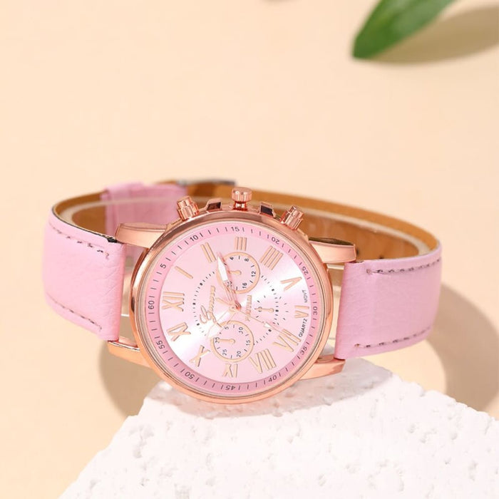 6Pcs Set Fashion Women Watches Simple Ladies Business Pink Leather Quartz Watch Womens Necklace Earrings Bracelet Wristwatch