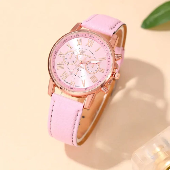 6Pcs Set Fashion Women Watches Simple Ladies Business Pink Leather Quartz Watch Womens Necklace Earrings Bracelet Wristwatch