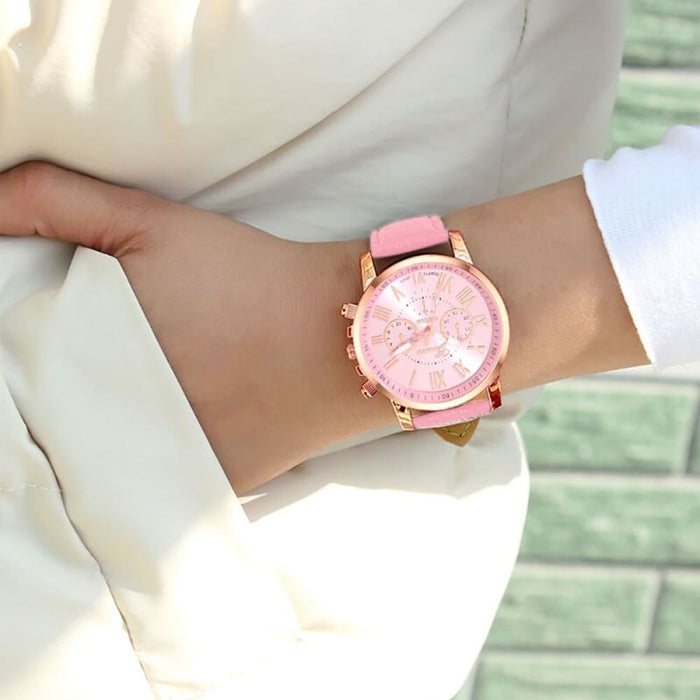 6Pcs Set Fashion Women Watches Simple Ladies Business Pink Leather Quartz Watch Womens Necklace Earrings Bracelet Wristwatch