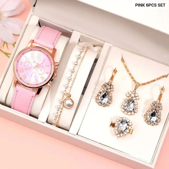 6Pcs Set Fashion Women Watches Simple Ladies Business Pink Leather Quartz Watch Womens Necklace Earrings Bracelet Wristwatch