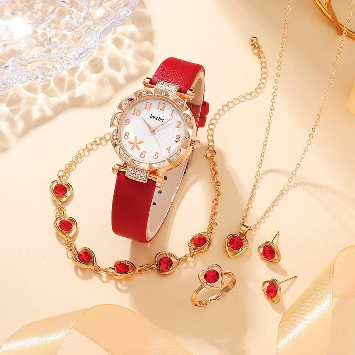 6Pcs Set Red Luxury Quartz Watch Women Ring Necklace Earring Rhinestone Fashion Wristwatch Casual Ladies Bracelet Watches