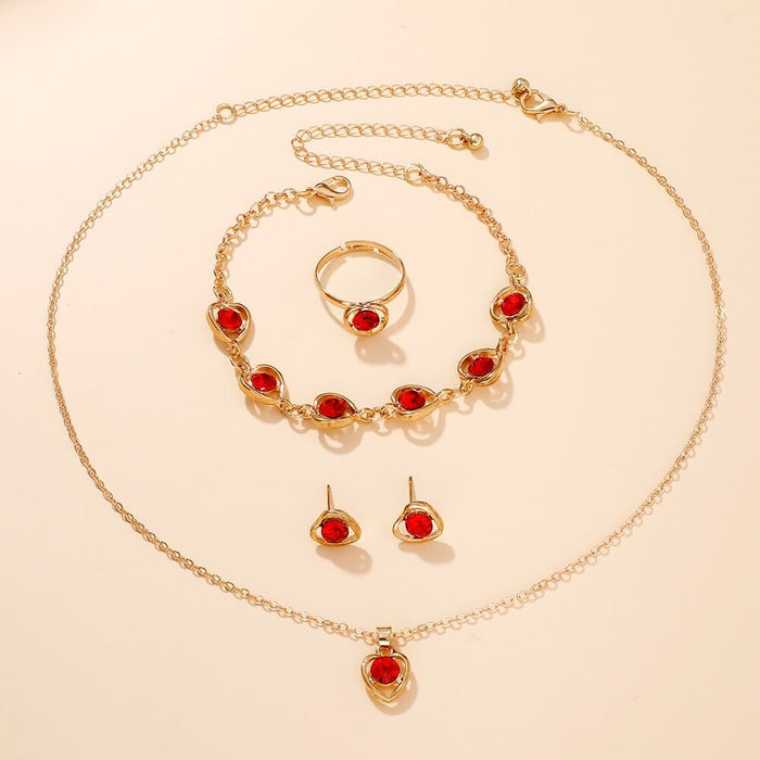 6Pcs Set Red Luxury Quartz Watch Women Ring Necklace Earring Rhinestone Fashion Wristwatch Casual Ladies Bracelet Watches