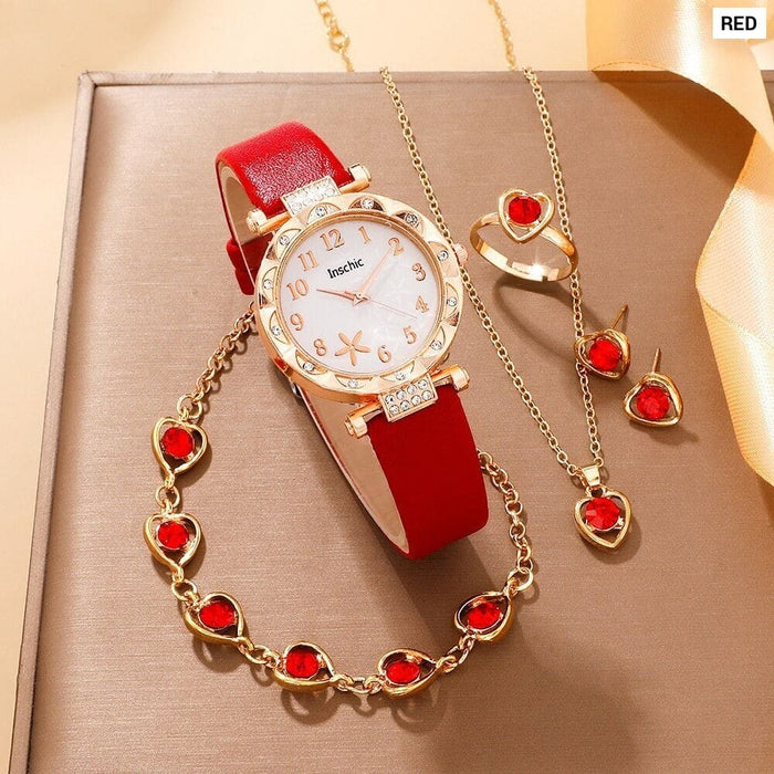 6Pcs Set Red Luxury Quartz Watch Women Ring Necklace Earring Rhinestone Fashion Wristwatch Casual Ladies Bracelet Watches