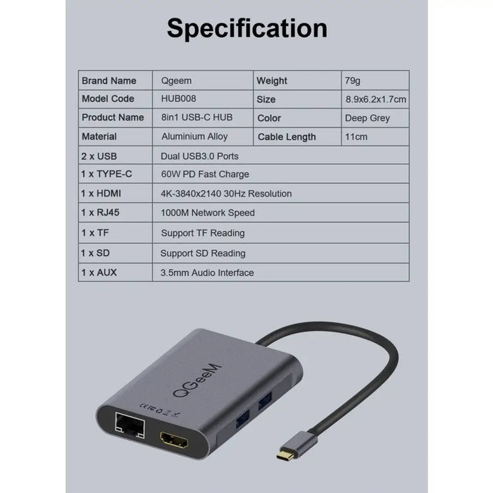 8 in 1 3.5mm Usb Hub 3.0 Adapter Pd Hdmi Rj45 Tf Sd
