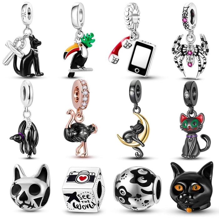 925 Silver Black Cat Spider Charms Beads Fit Pandora Bracelets DIY Jewelry Making