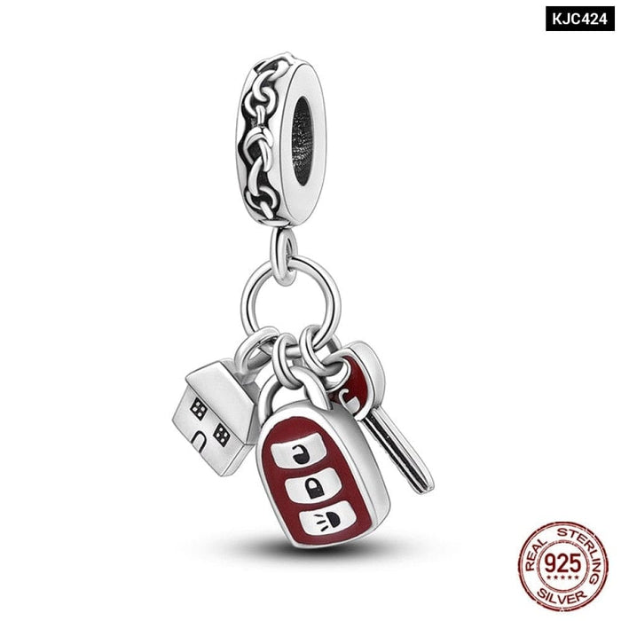 925 Silver Red Car Key Charms Pendents Fit Original Pandora Bracelet Charms For Women Party Jewelry