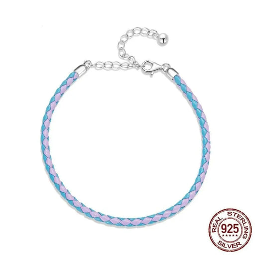 925 Sterling Silver Adjustable Leather Blue & Pink Bracelet