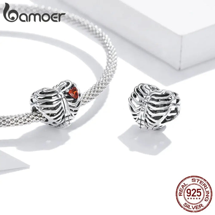 925 Sterling Silver Beating Heart Beads Bids Red Charm Fit