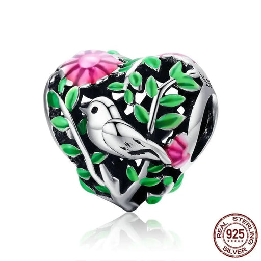 925 Sterling Silver Bird In The Woods Charm Beads Fit Women