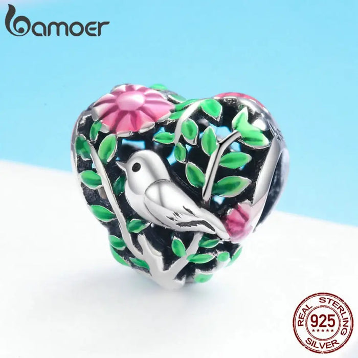 925 Sterling Silver Bird In The Woods Charm Beads Fit Women