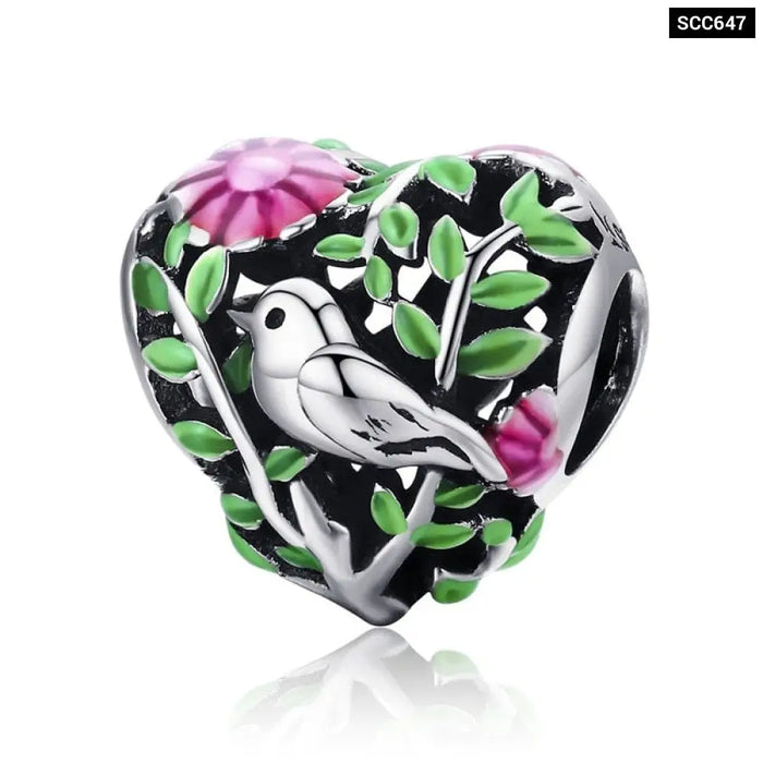 925 Sterling Silver Bird In The Woods Charm Beads Fit Women