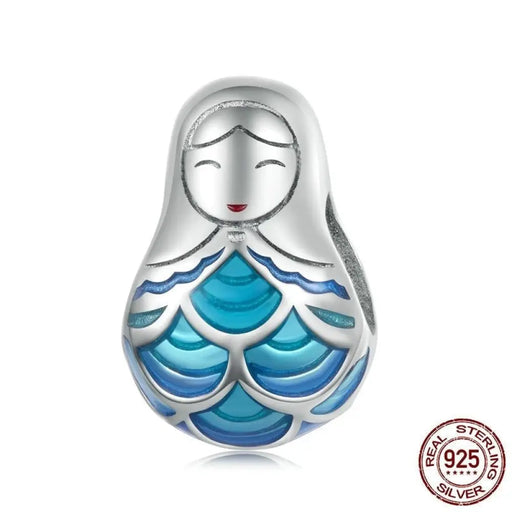925 Sterling Silver Blue Enamel Russian Doll Bead Platinum