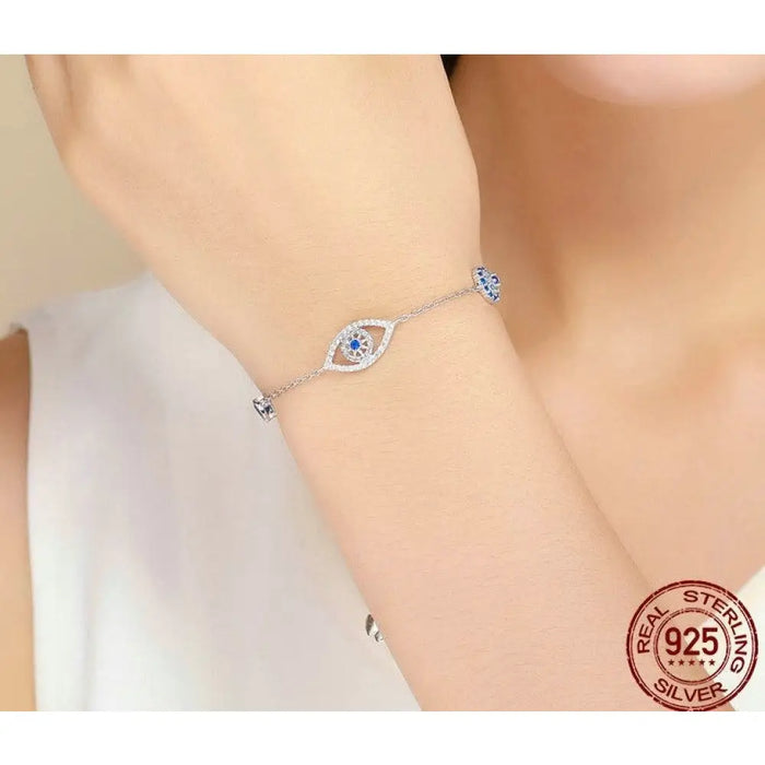 925 Sterling Silver Blue Zircon Evil Eyes Bracelet For Women