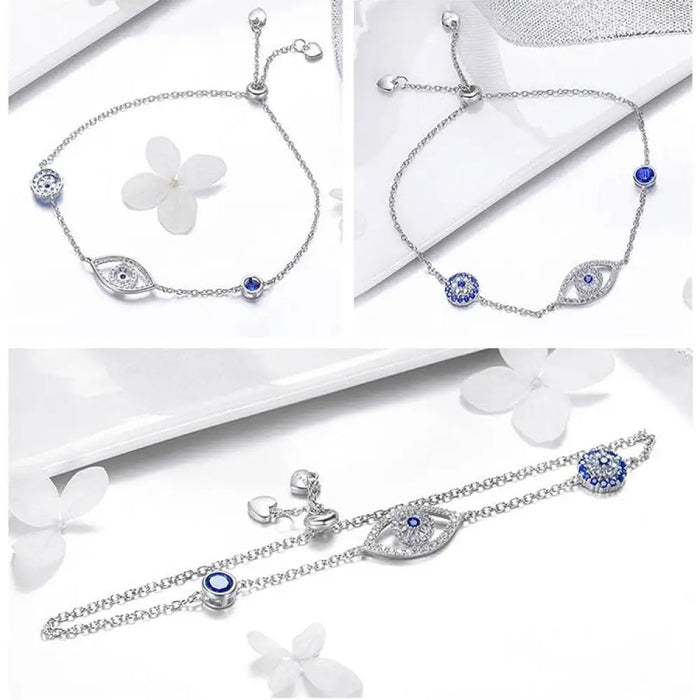 925 Sterling Silver Blue Zircon Evil Eyes Bracelet For Women