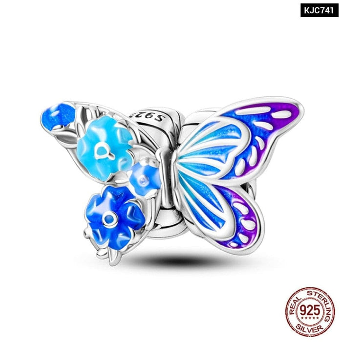 925 Sterling Silver Butterfly Flower Blue Zircon Charms Beads Fit Pandora Bracelets Exquisite DIY Jewelry