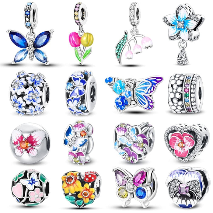 925 Sterling Silver Butterfly Flower Blue Zircon Charms Beads Fit Pandora Bracelets Exquisite DIY Jewelry