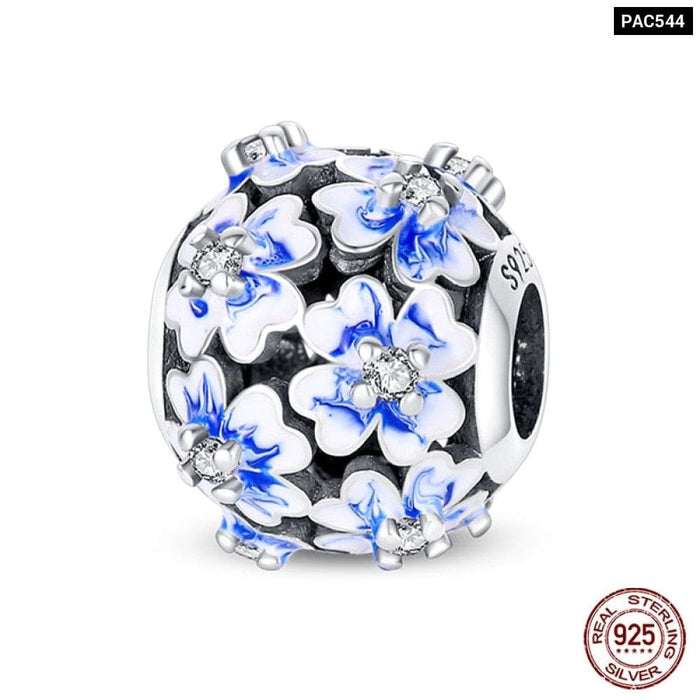 925 Sterling Silver Butterfly Flower Blue Zircon Charms Beads Fit Pandora Bracelets Exquisite DIY Jewelry