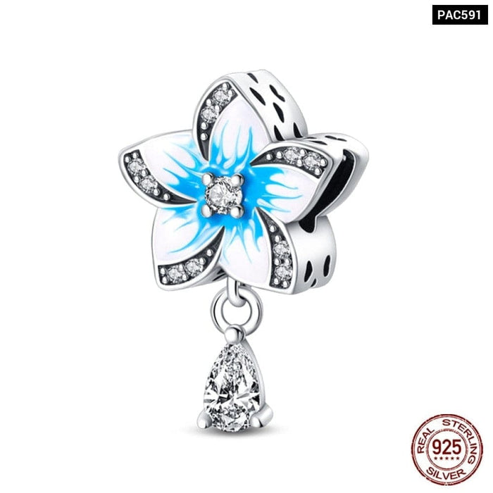 925 Sterling Silver Butterfly Flower Blue Zircon Charms Beads Fit Pandora Bracelets Exquisite DIY Jewelry