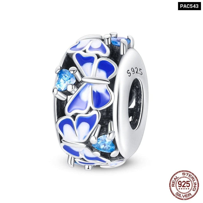 925 Sterling Silver Butterfly Flower Blue Zircon Charms Beads Fit Pandora Bracelets Exquisite DIY Jewelry