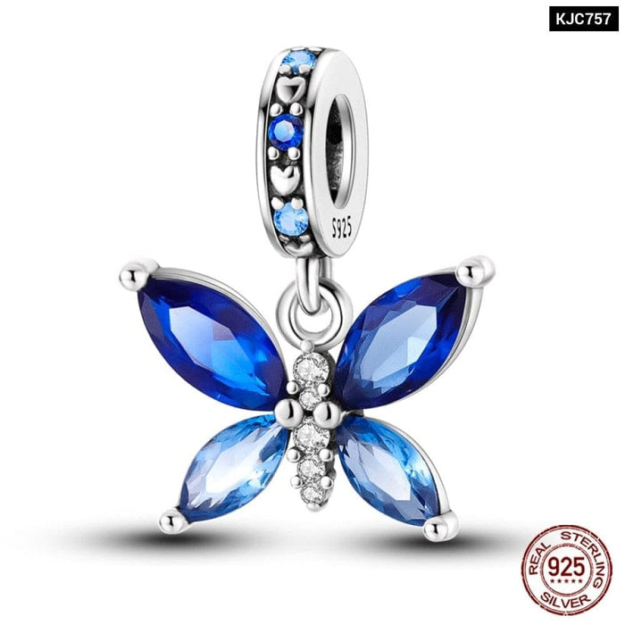 925 Sterling Silver Butterfly Flower Blue Zircon Charms Beads Fit Pandora Bracelets Exquisite DIY Jewelry