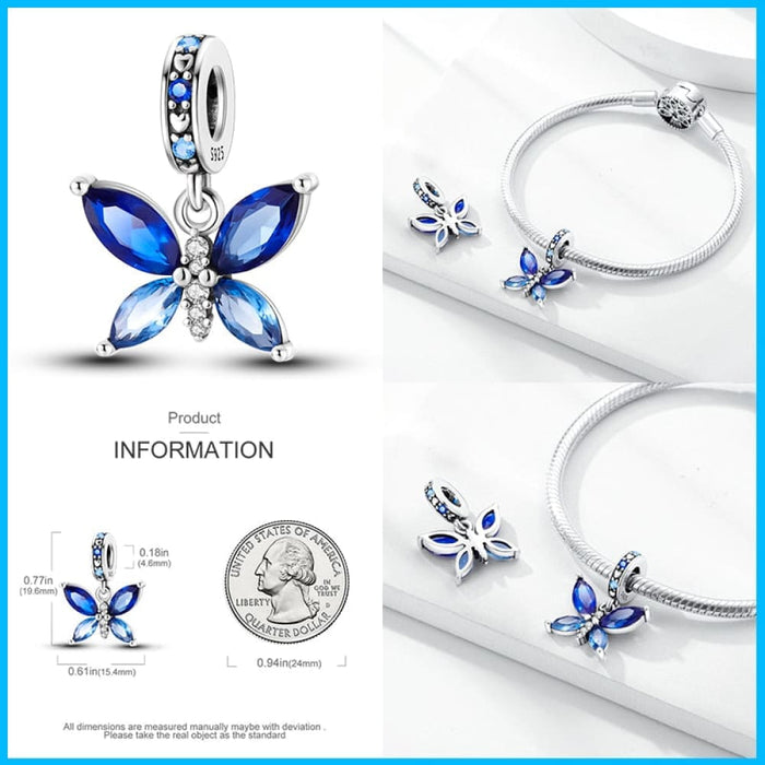 925 Sterling Silver Butterfly Flower Blue Zircon Charms Beads Fit Pandora Bracelets Exquisite DIY Jewelry