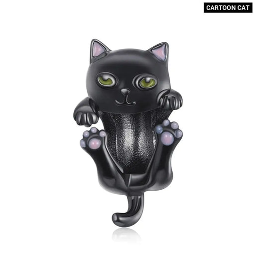 925 Sterling Silver Cartoon Black Cat Charm Beads Fit