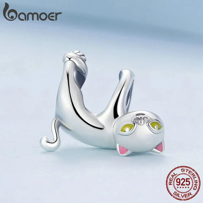 925 Sterling Silver Cartoon Black And White Cat Bead Fit