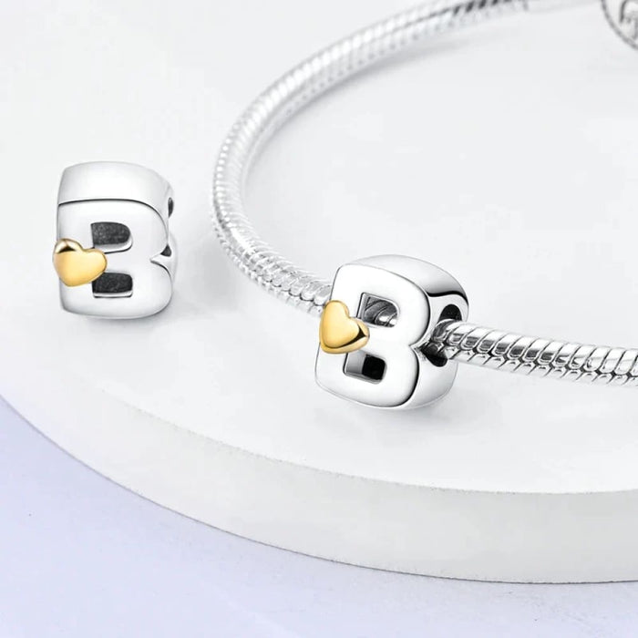 Womens 925 Sterling Silver Classic Golden Heart 26 Alphabet Letters Charms Beads Fit Pandora Bracelets Lucky Diy Jewellery